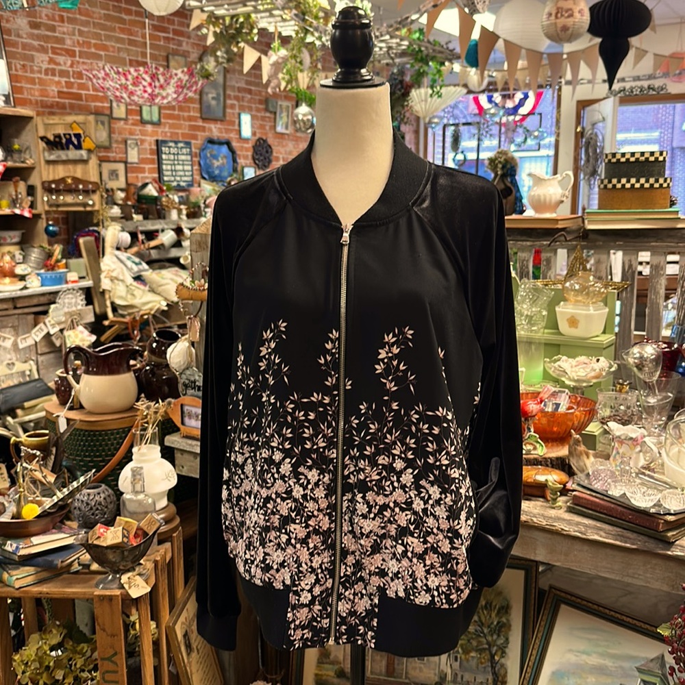 A new day, black with white and pink floral and velvet accents jacket